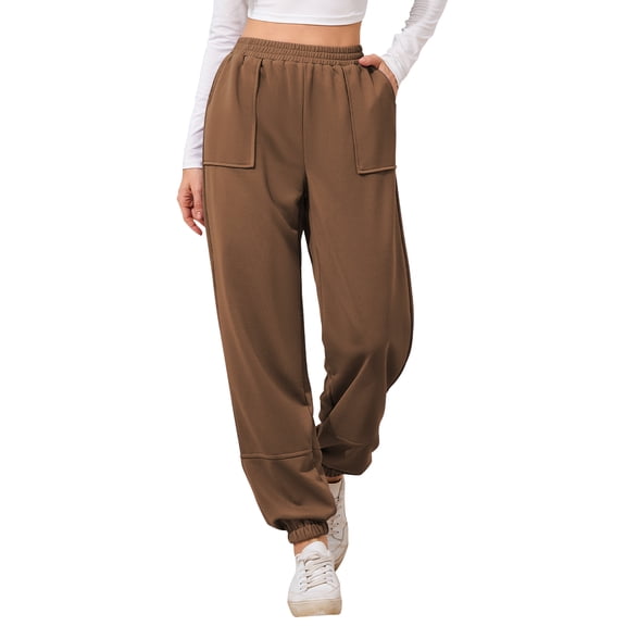 TEMOFON Sweatpants Casual Joggers Womens Loose Tapered Leg Jogger Pant Knit Comfy Elastic Cuffs Coffee Sweatpants L