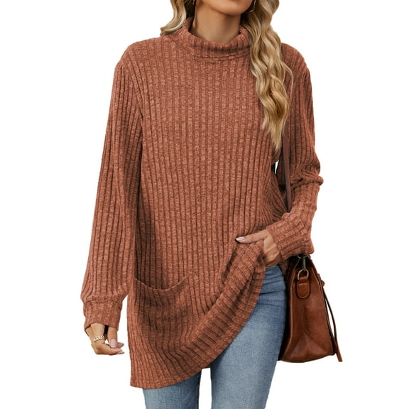 TEMOFON Sweaters for Women Long Sleeve Knit Tunic Tops Turtleneck Fall Casual Shirts Loose Fit Winter Clothes Pullover with Pocket