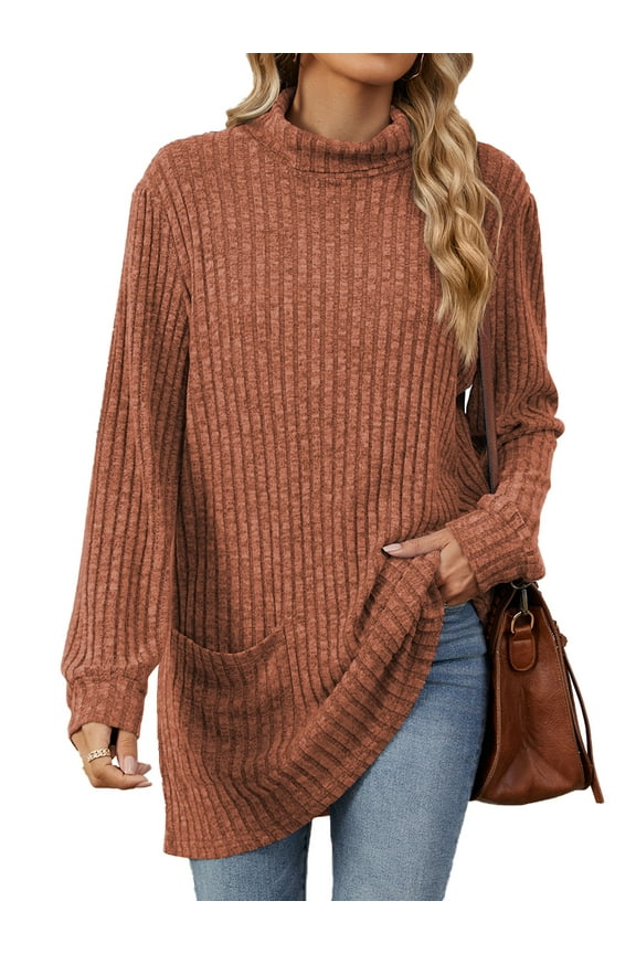 Sweaters for Women Long Sleeve Knit Tunic Tops Turtleneck Fall Casual Shirts Loose Fit Winter Clothes Pullover with Pocket