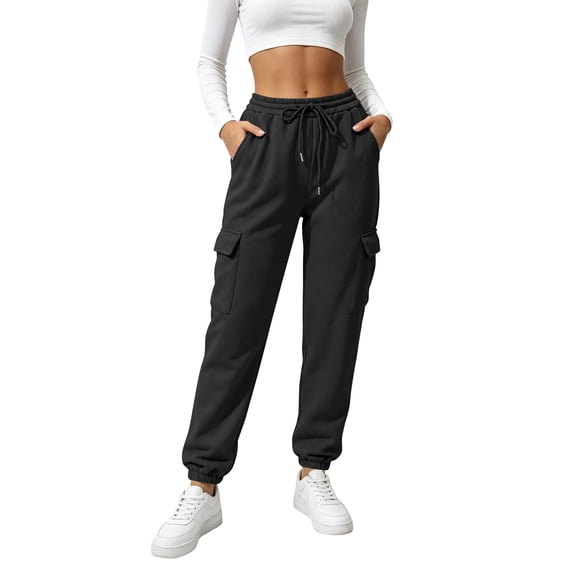 TEMOFON Sweatpants for Women Cargo Drawstring Joggers with Pockets Comfy Fall Pants Winter Clothes Fleece Lined Thermal Athletic Trousers Black L