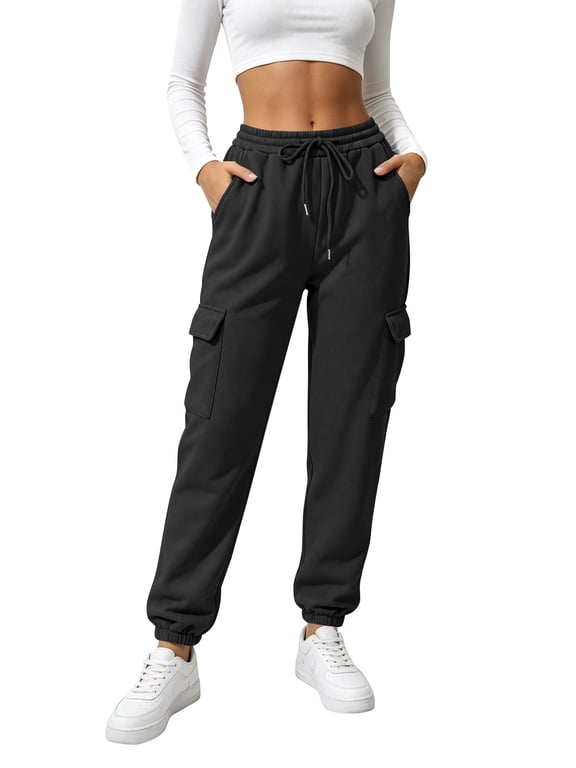 Sweatpants for Women Cargo Drawstring Joggers with Pockets Comfy Fall Pants Winter Clothes Fleece Lined Thermal Athletic Trousers Black L
