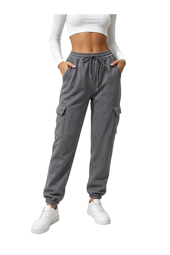 Sweatpants for Women Cargo Drawstring Joggers with Pockets Elastic Waistband Fall Pants Fleece Lined Thermal Trousers Dark Grey L