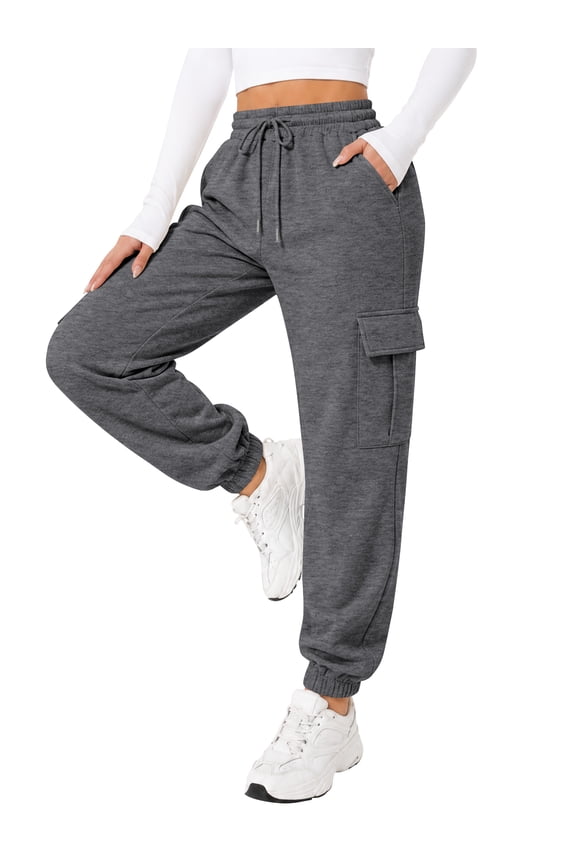 Sweatpants for Women Cargo Drawstring Joggers with Pockets Elastic Waistband Fall Pants Fleece Lined Thermal Trousers Dark Grey L