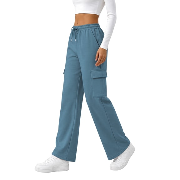 TEMOFON Sweatpants for Women Cargo Wide Leg Pants with Pockets Elastic Waistband Comfy Pants Drawstring Baggy Fall Clothes Blue L