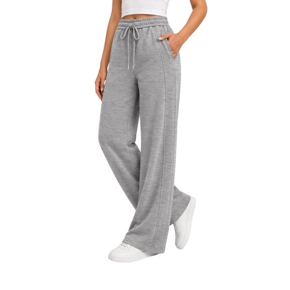 TEMOFON Sweatpants for Women Wide Leg Casual Baggy Pants High Waisted Elastic Drawstring Grey Sweatpant with Pockets L