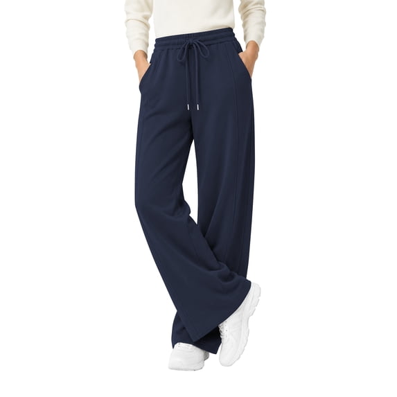 TEMOFON Sweatpants for Women Wide Leg Casual Baggy Workout Pants Elastic Drawstring Sweatpant Dark Blue Straight Leg Pant M