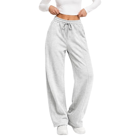 TEMOFON Sweatpants for Women Wide Leg Casual Baggy Pants High Waisted Elastic Drawstring Lightgray Sweatpant with Pockets XL