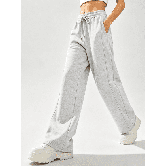 TEMOFON Sweatpants for Women Wide Leg Casual Baggy Pants High Waisted Elastic Drawstring Lightgray Sweatpant with Pockets L