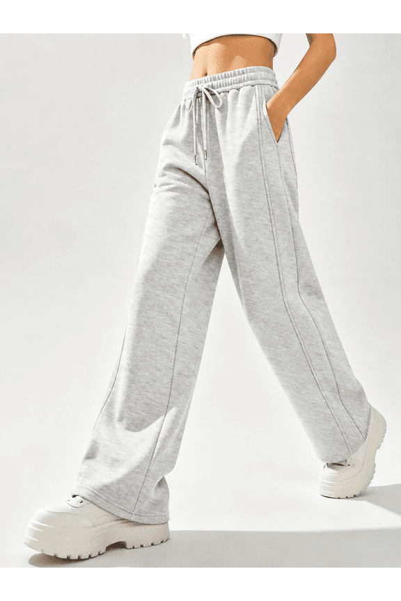 Sweatpants for Women Wide Leg Casual Baggy Pants High Waisted Elastic Drawstring Lightgray Sweatpant with Pockets L