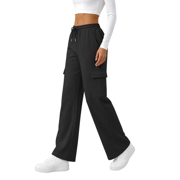 TEMOFON Sweatpants for Women Wide Leg Elastic Drawstring Waist Baggy Lounge Pants with Side Cargo Pockets Fall Athletic Trousers Black L