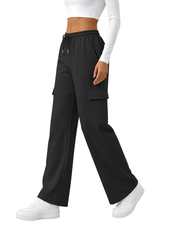 Sweatpants for Women Wide Leg Elastic Drawstring Waist Baggy Lounge Pants with Side Cargo Pockets Fall Athletic Trousers Black L