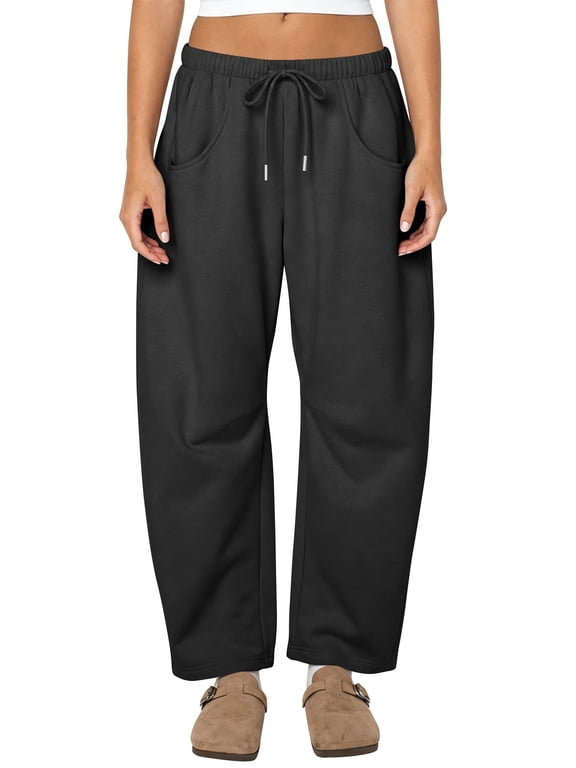 Sweatpants for women Barrel Fleece Lined Wide Leg with Pockets Elastic Waistband Comfy Winter Fashion Clothes Baggy Black M