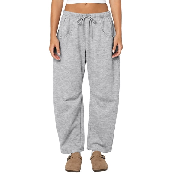 TEMOFON Barrel Sweatpants for women Fleece Lined Wide Leg with Pockets Elastic Waistband Comfy Winter Fashion Clothes Baggy Grey L