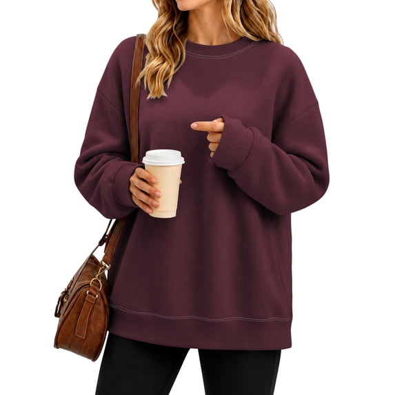 TEMOFON Sweatshirt for Women Fleece Lined Womens Sweatshirt Crewneck Long Sleeve Pullover Contrast Stitch Drop Shoulder Casual Top M