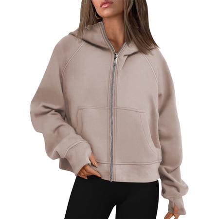 TEMOFON Sweatshirt for Women Long Sleeve Stand Collar Zip-Up Fleece Cropped Hoodies Casual Fall Sport Tops with Pockets M
