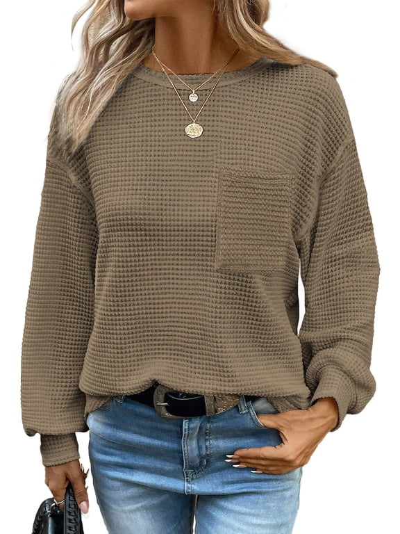 Sweatshirts for Women Crewneck Casual Long Sleeve Shirts Tunic Tops Waffle Knit Womens Clothes with Pocket Fall Business Tops