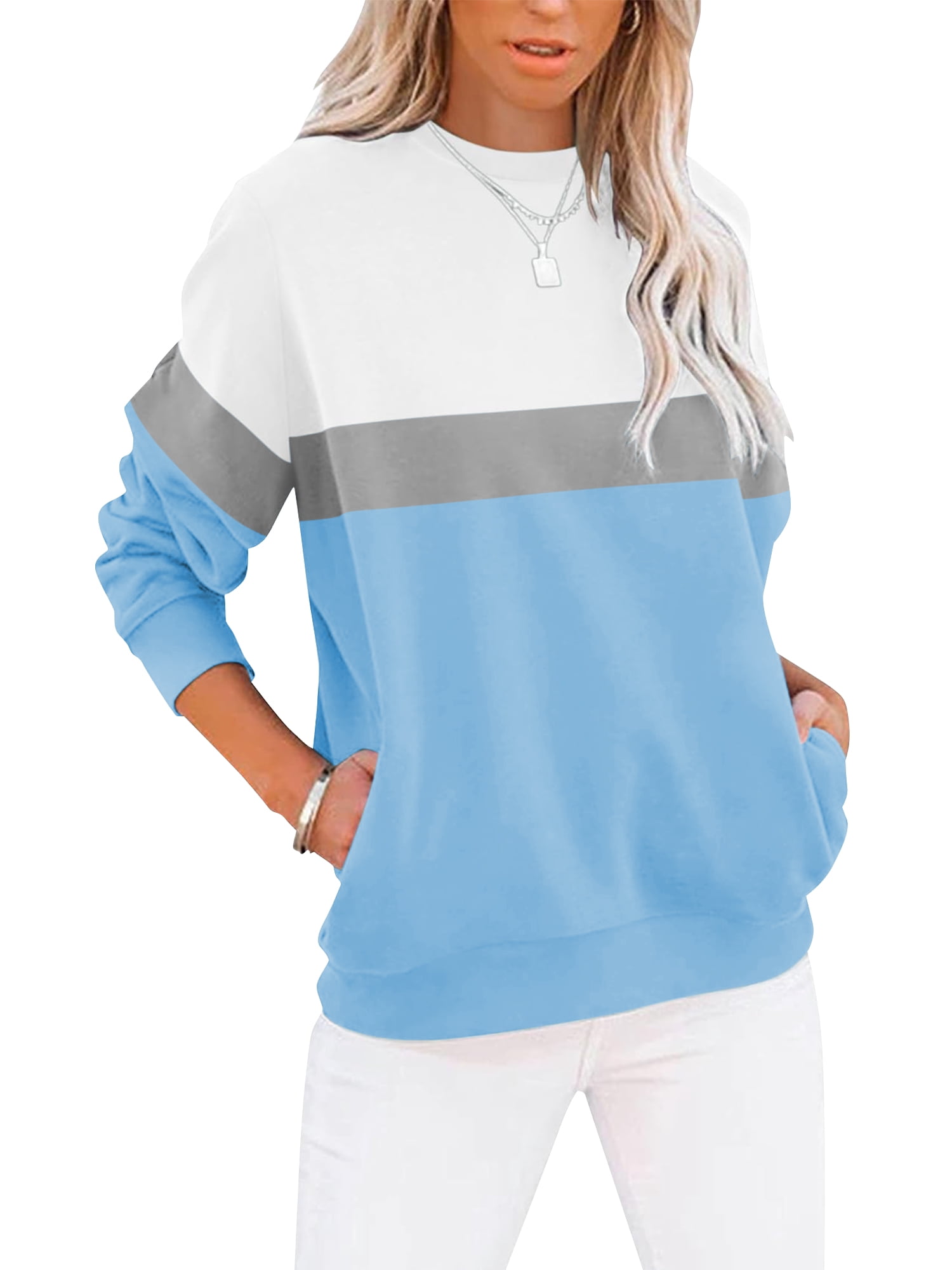 Sweatshirts for Women Fall clothes Colorblock Crew Neck Long Sleeve Shirts for Winter Tops Trendy Clothes Sweat Shirts Blue L