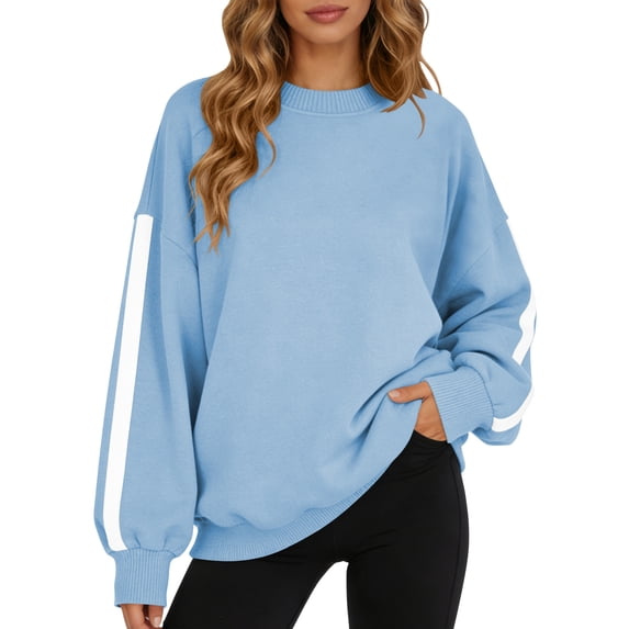 TEMOFON Sweatshirts for Women Fall clothes Crew Neck Long Sleeve Shirts for Winter Tops Trendy Loose Fleece Lined Sweat Shirts Blue XL