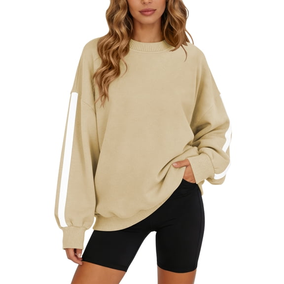 TEMOFON Sweatshirts for Women Fall clothes Loose Crew Neck Long Sleeve Shirts for Winter Tops Trendy Fleece Lined Sweat Shirts Beige L