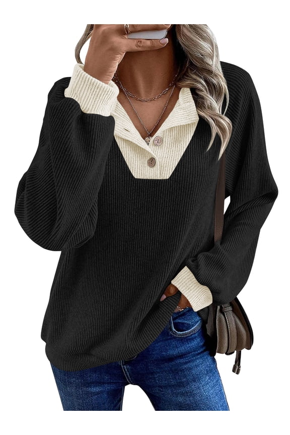 Sweatshirts for Women Fall clothes V Neck Colorblock Long Sleeve Shirts for Winter Tops Trendy Loose Sweat Shirts Black M