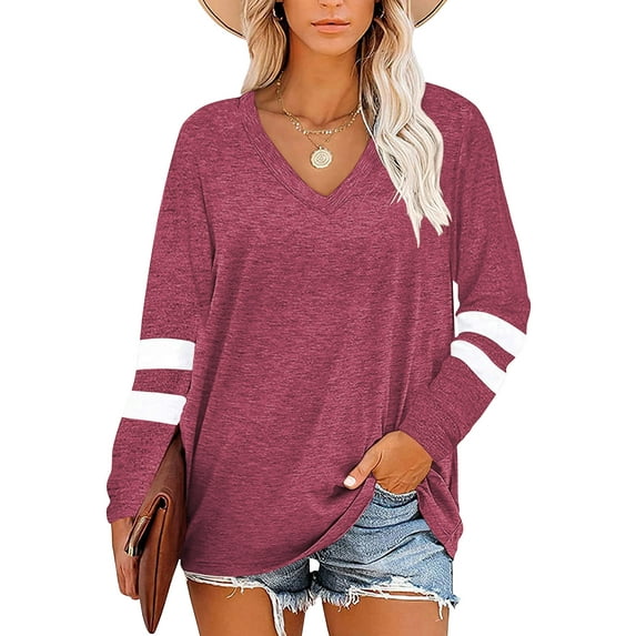 TEMOFON Sweatshirts for Women Long Sleeve Shirts Fall Tops Clothing Color Block V Neck Pullover Tunic Tops T Shirt Casual Dressy Blouses Winered Tops