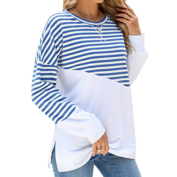 TEMOFON Sweatshirts for Women Tops Color Block Striped Crew Neck Long Sleeve Casual Tunics Tops Loose Fit Fall T Shirts