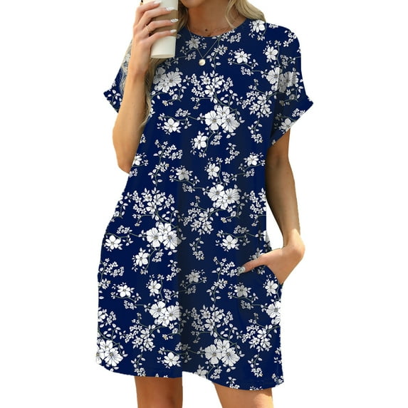 TEMOFON T Shirt Dresses for Women Summer Boho Floral Print Tunic Dresses Casual Sundress Loose Swing Blouse Womens Clothes Crew Neck Short Sleeve Pocket Dress