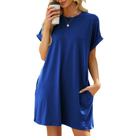 TEMOFON T Shirt Dresses for Women Summer Casual Sundress Loose Swing Blouse Tunic Crew Neck Short Sleeve Tops Pocket Basic Dress Dressy Womens Clothes Solid Color Blue Size XL