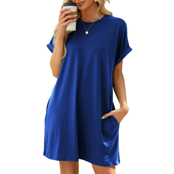 TEMOFON T Shirt Dresses for Women Summer Casual Sundress Loose Swing Blouse Tunic Crew Neck Short Sleeve Tops Pocket Basic Dress Dressy Womens Clothes Solid Color Blue Plus Size XXL