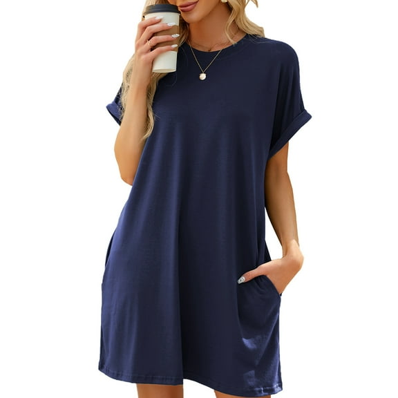 TEMOFON T Shirt Dresses for Women Summer Tunic Casual Sundress Loose Swing Blouse Crew Neck Short Sleeve Pocket Dress Solid Color Navyblue Plus Size 3XL