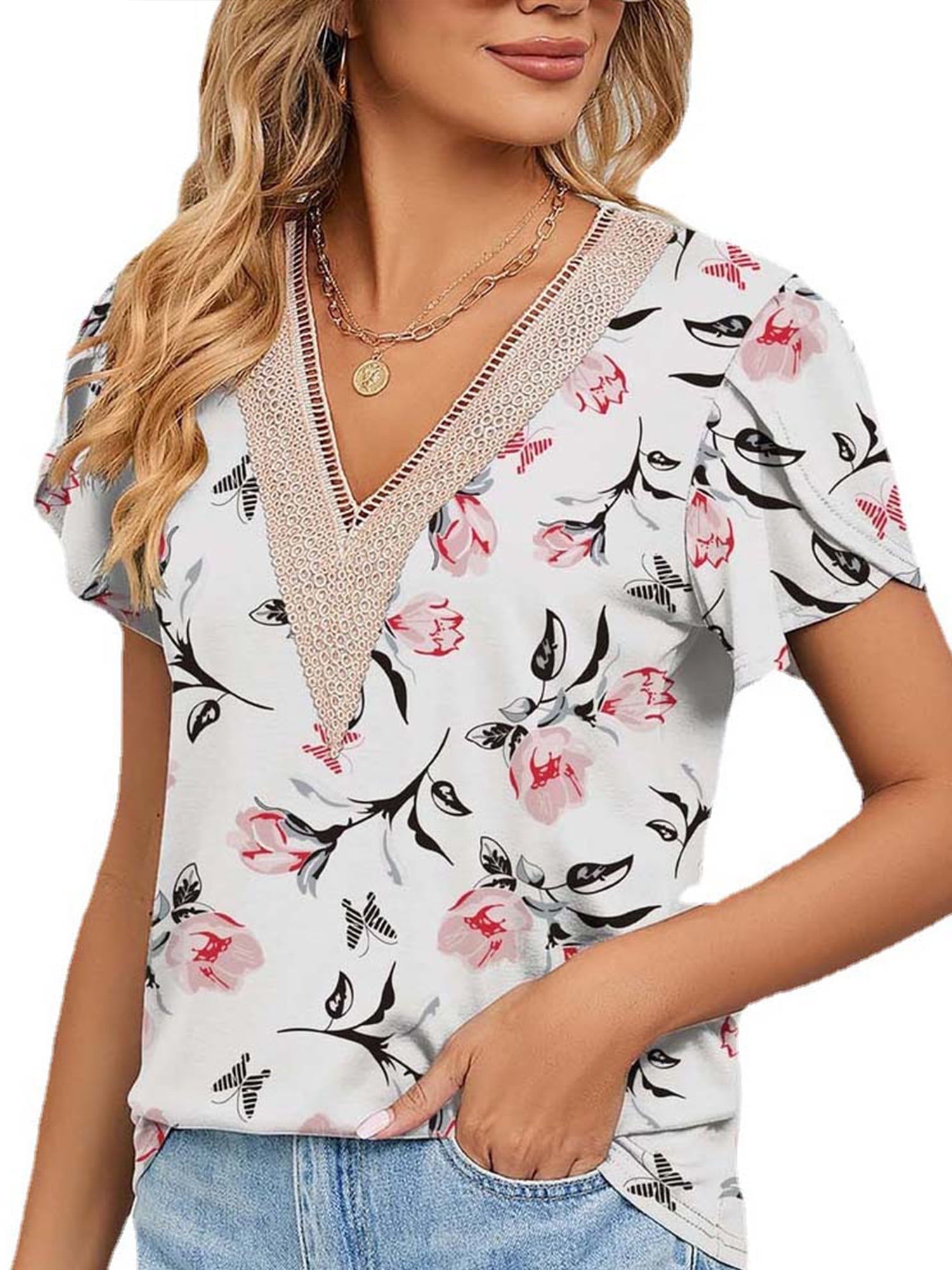 TEMOFON T-Shirts for Women Summer Petal Short Sleeve Tops CasualLace V ...