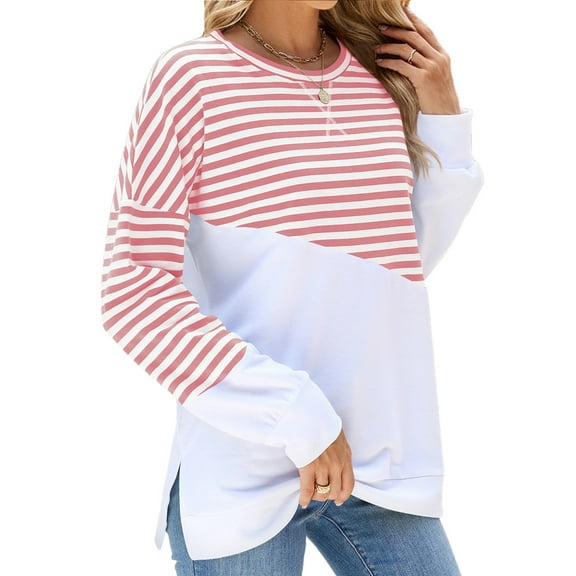TEMOFON T Shirts for Women Long Sleeve Sweatshirts Crew Neck Casual Striped Color Block Tops Loose Fit Fall Tunic