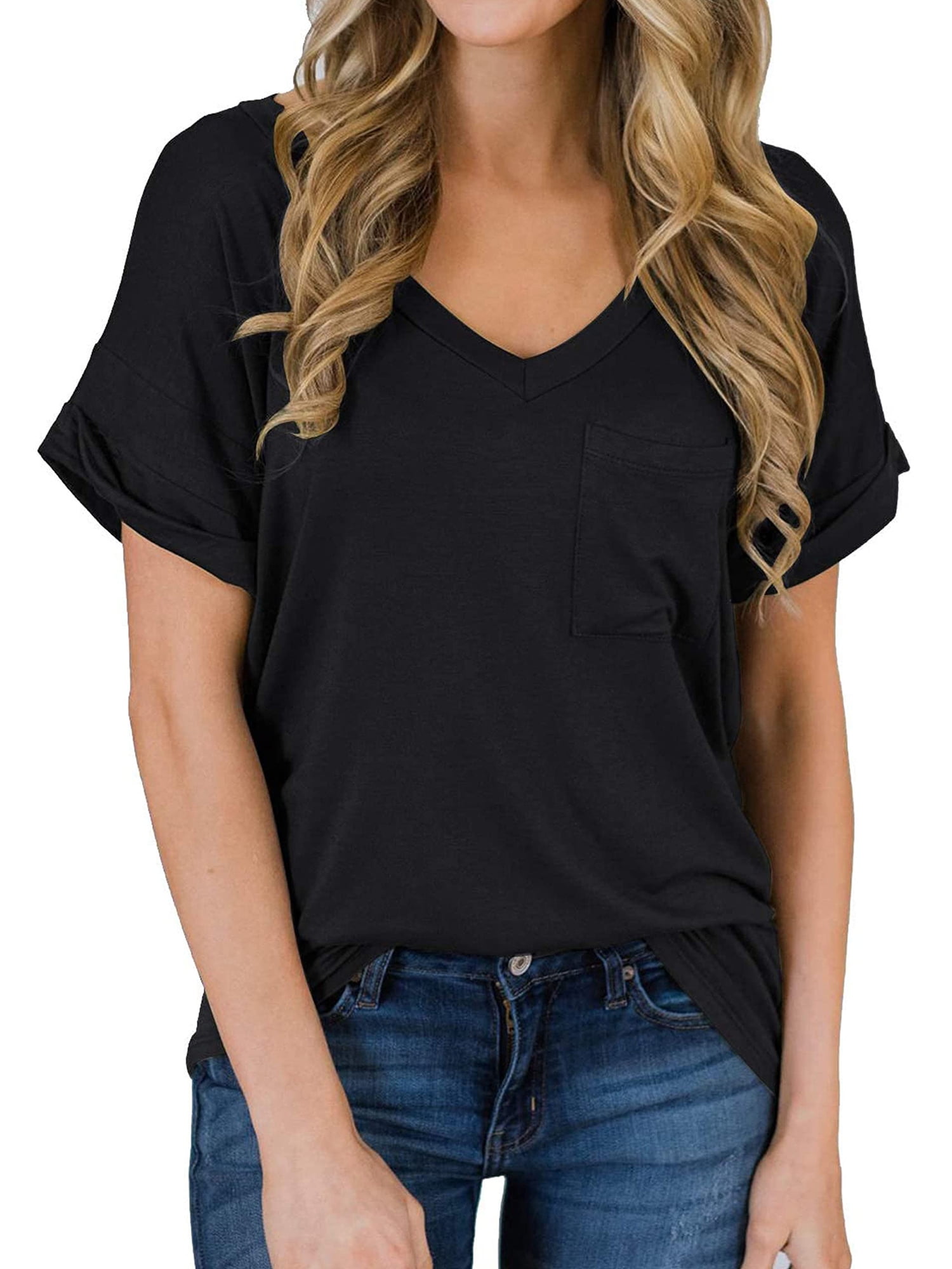 TEMOFON T-Shirts for Women Short Sleeve Tops Summer Loose Fit V Neck ...