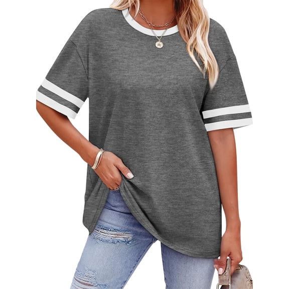 TEMOFON T Shirts for Women Summer Crew Neck Color Block Short Sleeve Basic Tees Loose Fit Casual Womens Tops Grey L