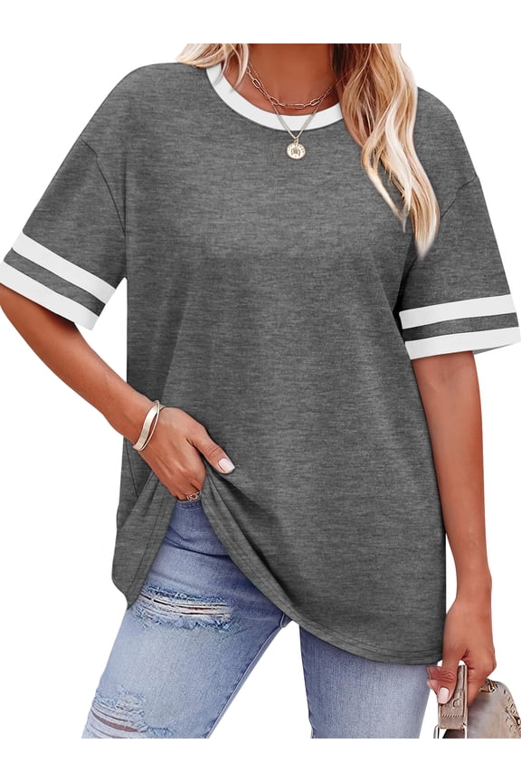 T Shirts for Women Summer Crew Neck Color Block Short Sleeve Basic Tees Loose Fit Casual Womens Tops Grey S
