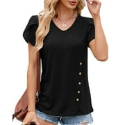 TEMOFON T-Shirts for Women Summer Petal Short Sleeve Tops Casual Loose V Neck Shirts Trendy Cute Side Button Tunic Ladies Top Blouses Black