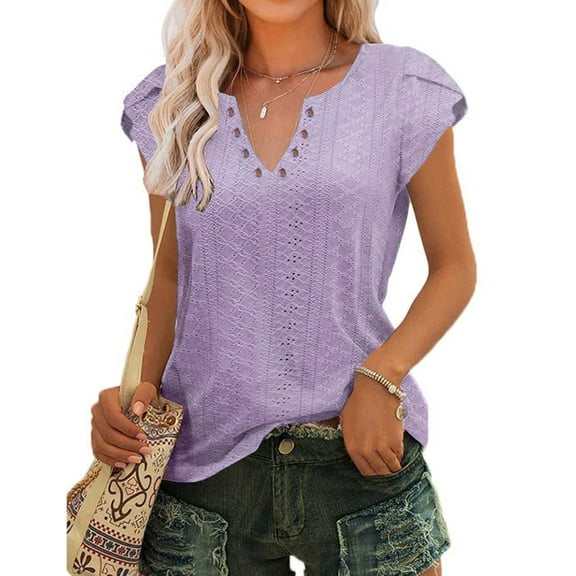 TEMOFON T-Shirts for Women Summer Short Sleeve Tops Casual V Neck Tunic Tops Trendy Petal Sleeve Shirts Loose Ladies Tops Blouses Purple S