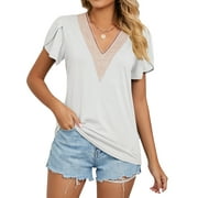TEMOFON T-Shirts for Women Summer Short Sleeve Tops Lace V Neck Petal Sleeve Tee Shirts Basic Tunic Tops Ladies Shirt Blouse White