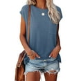 thumbnail image 1 of TEMOFON T-Shirts for Women Summer Tops Short Cap Sleeve Shirts Casual Loose Fit Solid Tank Top With Pocket Ladies Tunic Tops Blouses Blue Gray, 1 of 4