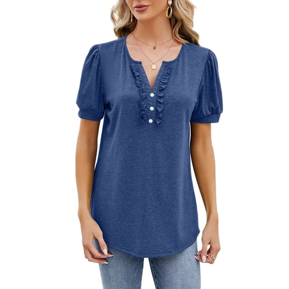TEMOFON T-Shirts for Womens Summer Short Sleeve Tops Fashion Casual V Neck Button Wooden Ear Edge Shirts for Women Tops Blouses