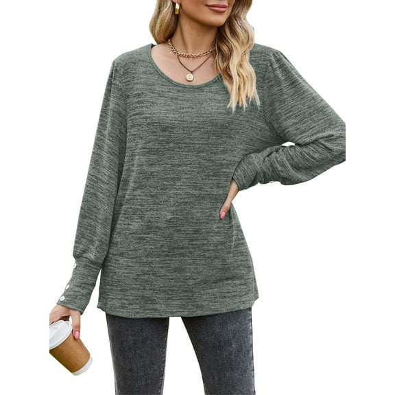 TEMOFON Tops for Women Casual Fall Plus Size Loose Fitting Long Sleeve Shirts Round Neck Soild Armygreen Knit Tunic Blouses for Women Clothes Size XXL