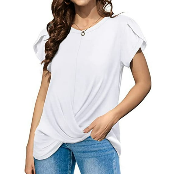 TEMOFON Tops for Women Casual Crewneck Summer Short Sleeves Tshirts Summer Fashion Front Criss Blouses Loose Soild White Shirts Size XL