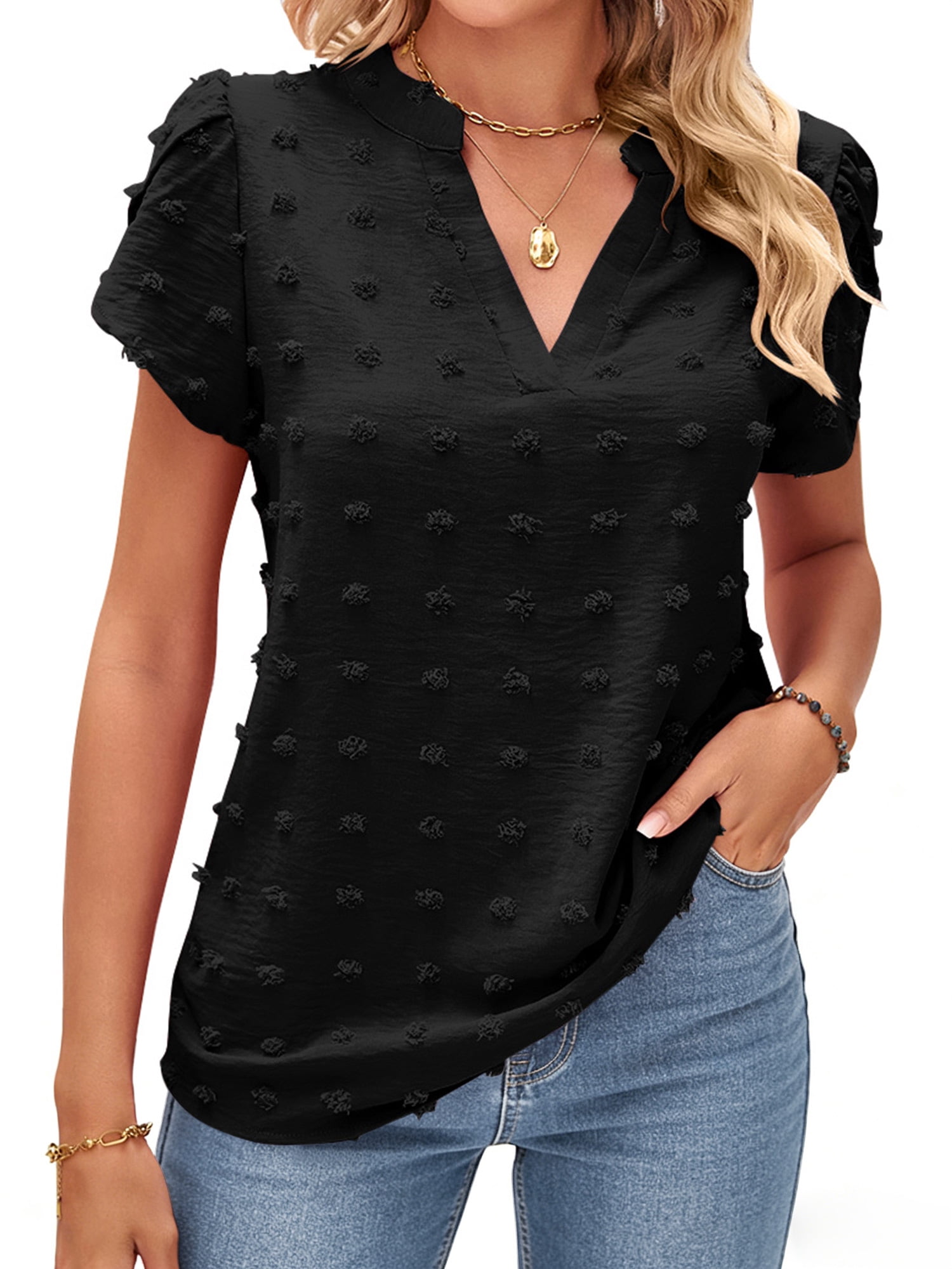 TEMOFON Womens V Neck Blouse Dressy Casual Short Sleeve Ruffle Summer ...