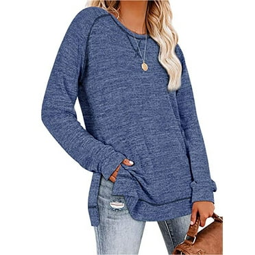 TEMOFON Tops for Women Fall Long Sleeve Sweatshirt Trendy Side Split Sweatshirts Casual Round Neck Loose Tunic Blouse for Lady Tops