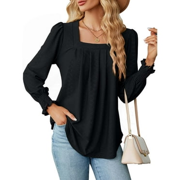 TEMOFON Tops for Women Fall Long Sleeves Tops Casual Blasis Square Neck Loose Blouses for Women Size L
