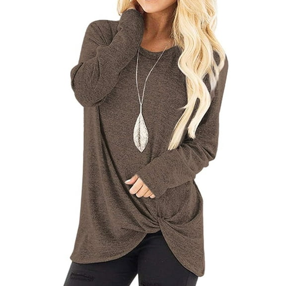 TEMOFON Tops for Women Long Sleeve Solid Blouse Comfor Soft Crew Neck Tee Shirt Loose Casual Coffee Tunic Size XL