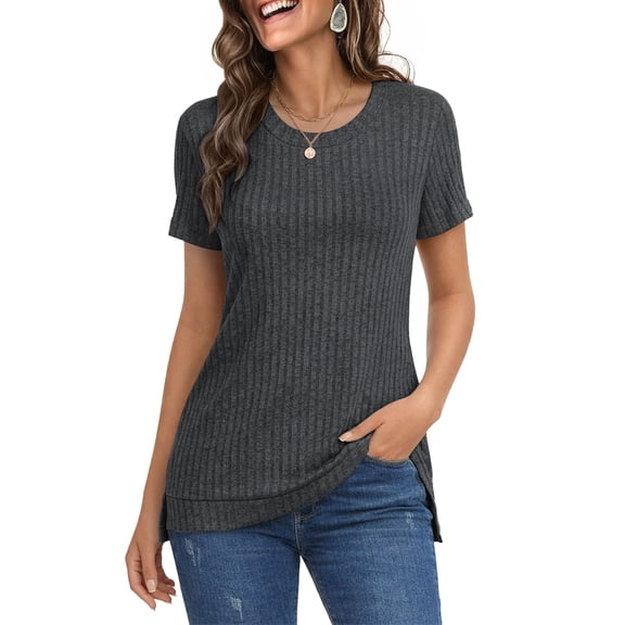 TEMOFON Tops for Women Short Sleeve Shirts Round Neck Tops Casual Short Sleeve for Women Tunic Tops Trendy Loose Ladies Shirts Blouses