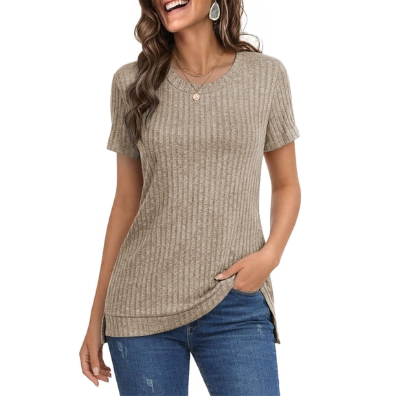 TEMOFON Tops for Women Short Sleeve Shirts Round Neck Tops Casual Short Sleeve for Women Tunic Tops Trendy Loose Ladies Shirts Blouses