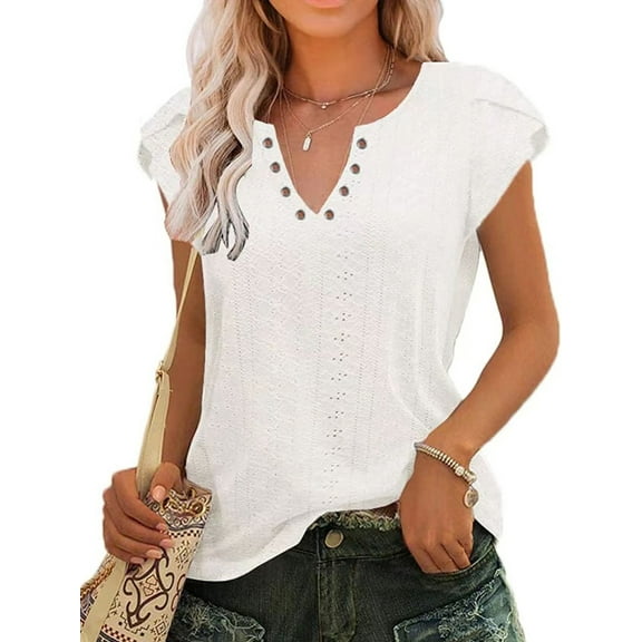 TEMOFON Tops for Women Summer Casual V Neck T Shirts Trendy Petal Sleeve Tunic Tops Loose Short Sleeve Ladies Tops Blouses White M