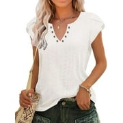 TEMOFON Tops for Women Summer Casual V Neck T Shirts Trendy Petal Sleeve Tunic Tops Loose Short Sleeve Ladies Tops Blouses White XL